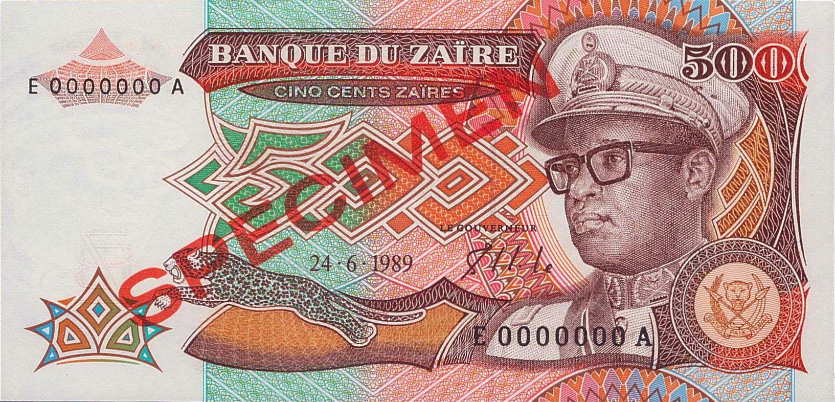 Zaire 500 1989 UNC P-34/S [Specimen]